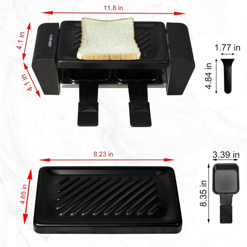 Tamarit Raclette Grill for 2 Person, Compact Indoor Electric Korean BBQ 450W Portable Tabletop Grill with Non-Stick Iron Plate and 2 Cheese Pans Ideal for Small Kitchen or Apartment, Black Small - Image 2